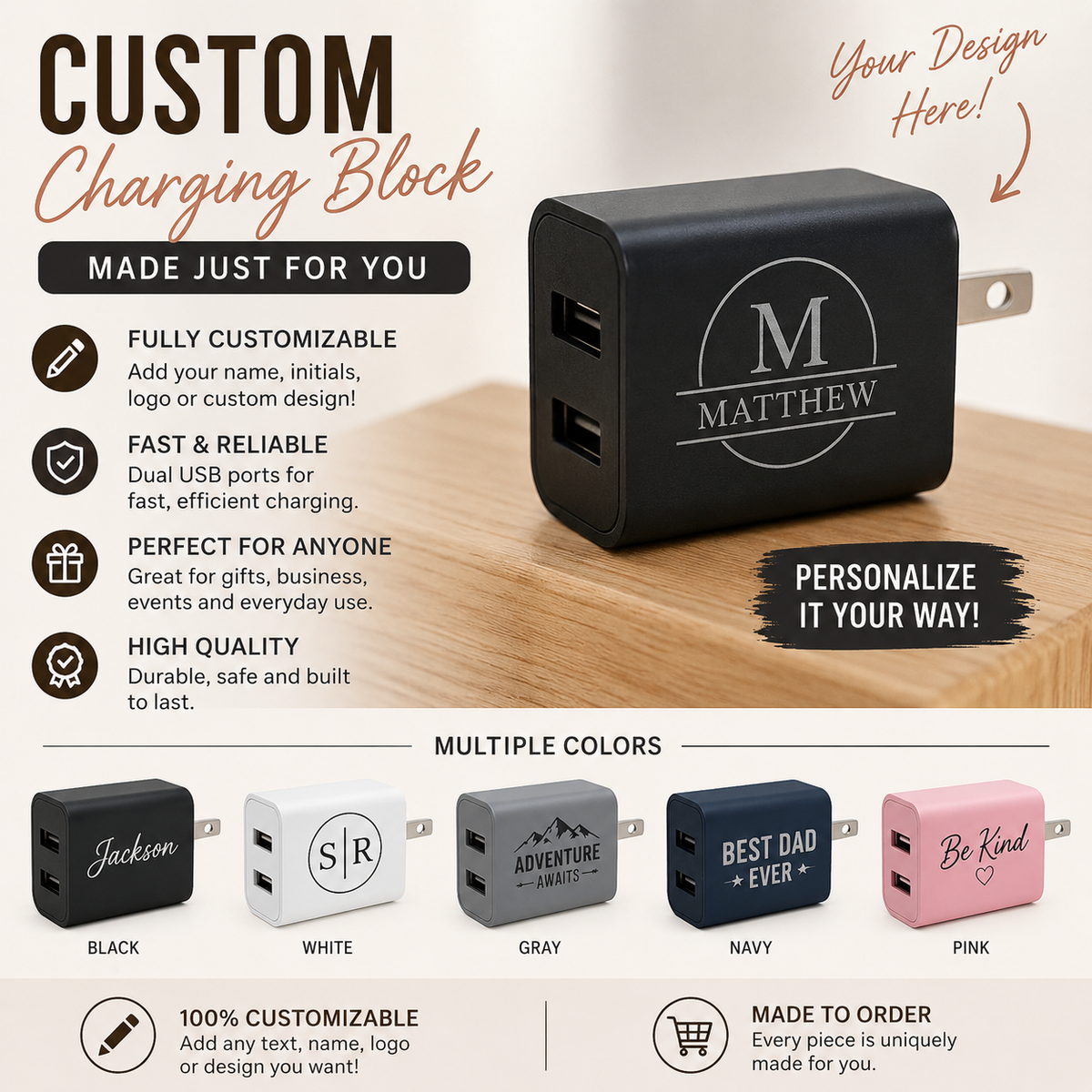 Personalized USB Wall Charger - Custom Name or Text