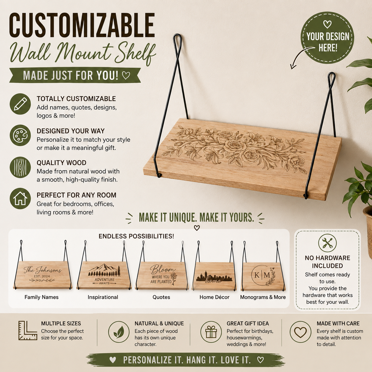 Laser Engraved Floral Hanging Shelf- Wooden Wall Décor